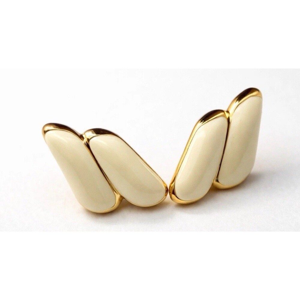 Vintage Monet Clip On Earrings Cream Enamel Gold Tone Statement Bold 1980s